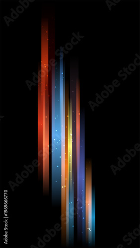 Abstract vertical light streaks in vibrant orange and blue with glowing particles on a black background for modern digital technology and energy concepts