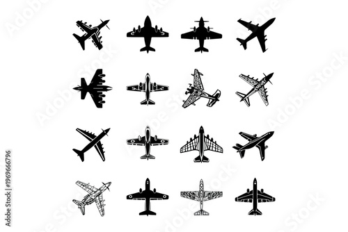 Collection of Airplane and Military Aircraft Silhouette Icons for Aviation Design
