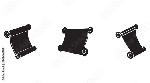 Set of blank scroll pages with curled ends  various orientations  for text or message display