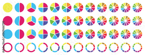 Pie chart set. Colorful diagram collection with 1,2,3,4,5,6,7,8,9,10,11,12 sections or steps. Circle icons for infographic, UI, web design, business presentation. Vector illustration.