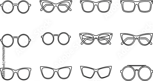 Flat Vector Collection of Various Eyeglasses and Sunglasses in Different Styles and Shapes for Fashion, Vision, and Accessory Designs
