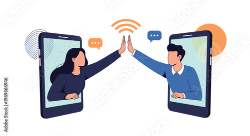 Man and woman celebrating success by giving a high five to each other through their respective smartphone screens.