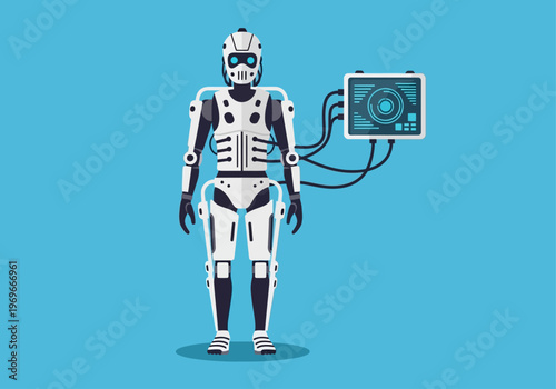 A futuristic robot stands next to a computer screen in a technological laboratory setting.