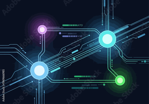 Glowing circuit board with neon lights and wires connects Technology nodes.