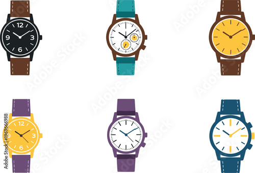 Flat Vector Watch Collection in Various Styles and Colors, Modern Analog Timepieces with Leather and Fabric Straps for Fashion and Lifestyle Designs