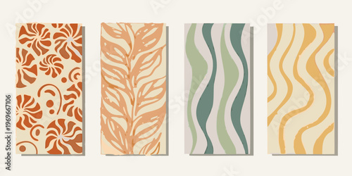 Four rectangular panels displaying abstract botanical patterned designs