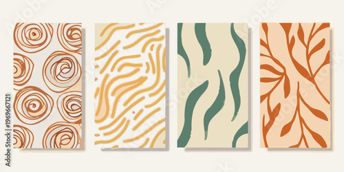 Four abstract patterned panels in warm and cool tones