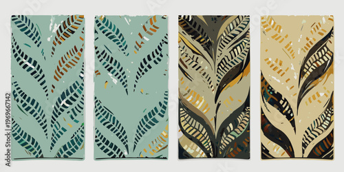 Abstract botanical patterns in vertical rectangular panels illustrated style