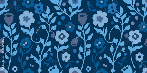 A seamless pattern of stylized blue flowers and botanical stems