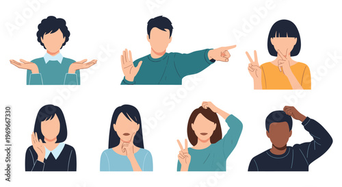 Set of diverse people making various hand gestures and facial expressions representing different moods and communication styles.