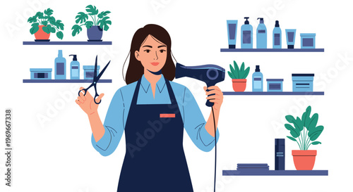 Professional female hair stylist standing in her salon holding a pair of scissors and a hair dryer ready for clients.