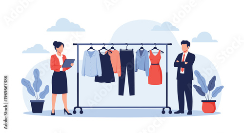 Fashion designer and a business professional discussing clothing items on a rack in a modern retail or design studio.