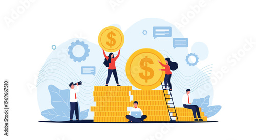 Team of small business people working together around giant stacks of gold coins representing financial success and wealth.