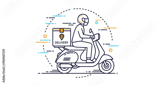 Courier riding a white motor scooter with a delivery box on the back against a minimalist background with speed lines.