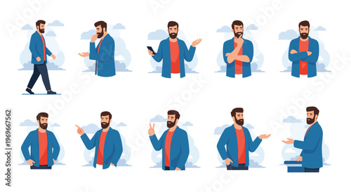 Series of illustrations showing a bearded man in a blue jacket performing various actions and expressing different emotions.