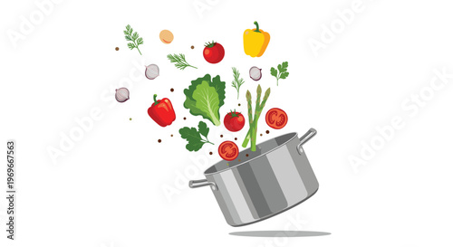 Fresh colorful vegetables like tomatoes and peppers falling into a stainless steel cooking pot for a healthy meal.