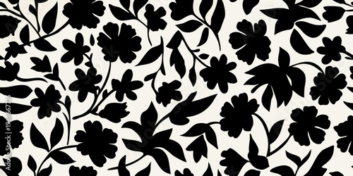 Black and white floral pattern with abstract leaves and stems