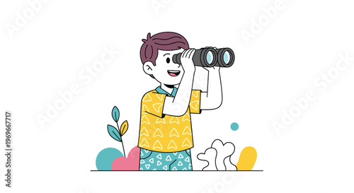 Young boy looks through binoculars toward the future against a background of colorful abstract shapes and stylized plant leaves.