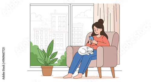 Woman relaxes in a comfortable armchair while using her smartphone with a white cat sleeping peacefully on her lap at home.