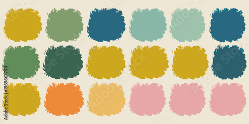 An arrangement of sixteen rectangular color swatches in varying hues