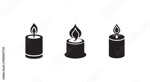 Set of simple burning candles with different flame shapes  isolated on white background