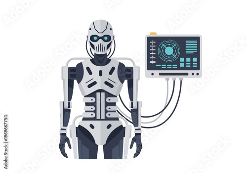 A futuristic robot with glowing blue eyes stands next to a control panel.