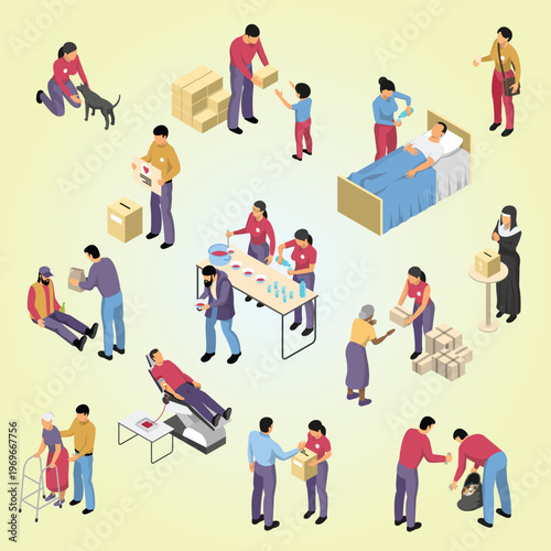volunteering charity isometric set  donate altruism concept refugee outdoors event volunteers community service