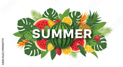 Vibrant summer composition features tropical fruits and green leaves surrounding a bold white title text on a clean background.