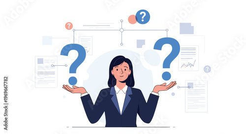Confused businesswoman holds two large blue question marks while surrounded by various office documents and financial charts.