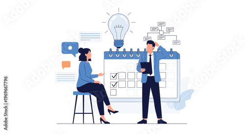 Two colleagues plan their business schedule together using a giant calendar and brainstorming new ideas symbolized by a lightbulb.