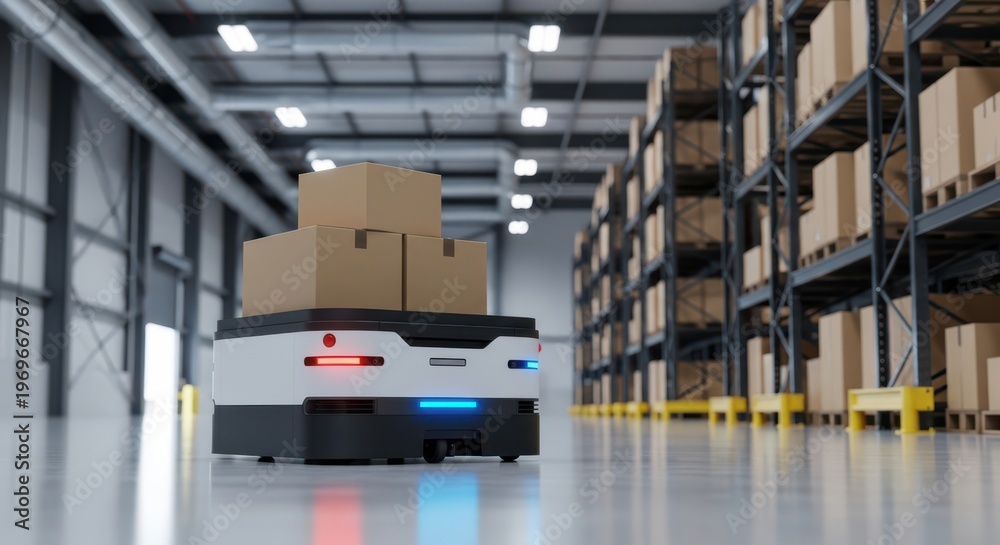 Naklejka premium A robot transports cardboard boxes through a large warehouse with shelving units