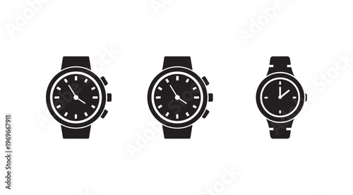 Set of three black and white analog watches with white details on white background  simple and clean design