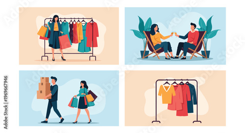 Four distinct scenes show women shopping for clothes, a couple relaxing with drinks, and a man carrying many delivery boxes.