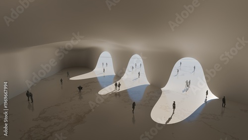 Φωτογραφία 3D render of a futuristic interior hall with organic arched openings and silhoue
