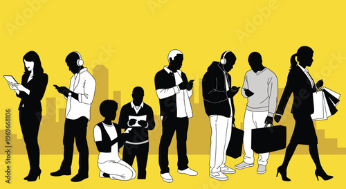 Black and white silhouettes of people using smartphones and carrying shopping bags against a bright yellow city skyline background.