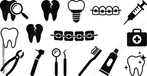 Dental Care and Treatment Icons Set Featuring Tooth, Braces, Tools, and Medical Equipment for Dentistry, Oral Hygiene, and Health Websites