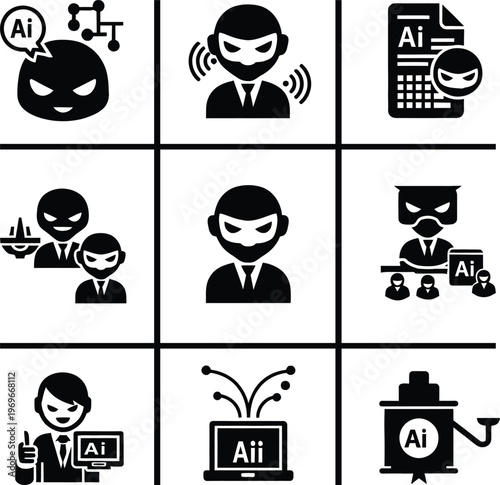Professional set of cyber security and artificial intelligence icons depicting hacker threats data privacy and malicious software concepts.