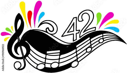 Stylized musical notes with colorful splashes and the number 42