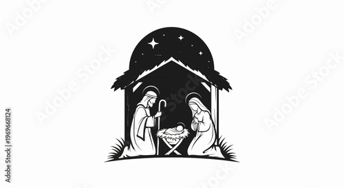 Stylized Nativity scene under starry night in a stable