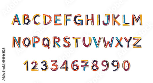 Full set of uppercase alphabet letters and numbers zero to nine created in a colorful and artistic hand-drawn textured style.