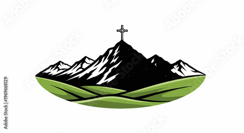 Stylized mountains with snow caps and a cross on the highest peak, green hills below
