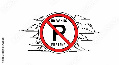 Stylized no parking sign for fire lane with abstract clouds