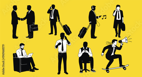 Silhouetted business figures engage in various travel and work activities like using laptops and carrying luggage on yellow.