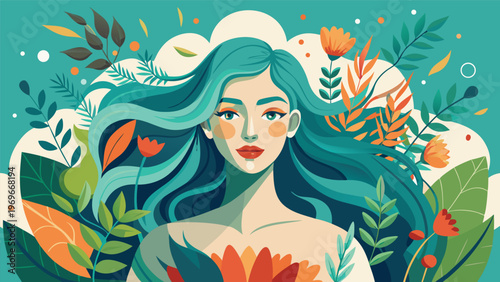 Woman with blue hair surrounded by plants and flowers in a colorful setting during daytime