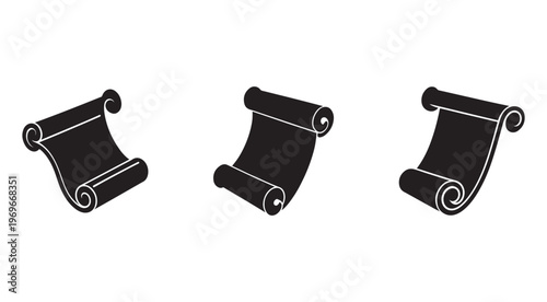 Set of three black scrolls with curled ends in different positions  isolated on white background