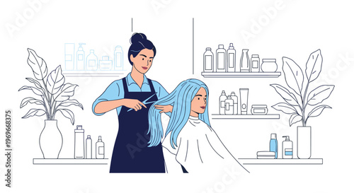 Professional hairdresser cuts the long blue hair of a female client in a modern salon with shelves of various beauty products.