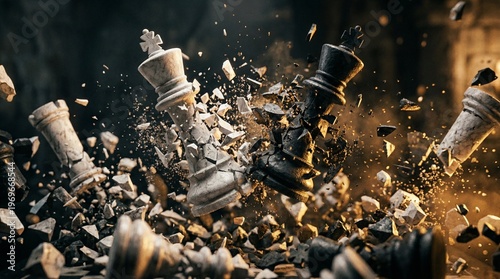 powerful cinematic shot capturing the moment two opposing chess kings shatter upon impact, symbolizing a fierce conflict, a final showdown, or the collapse of two empires.