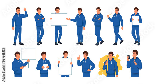 Man wearing blue tracksuit and hoodie set shown in various poses holding blank signs and engaging in different activities.