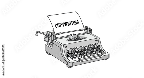 Retro typewriter with a piece of paper that has the word copywriting printed on it against a plain white background.