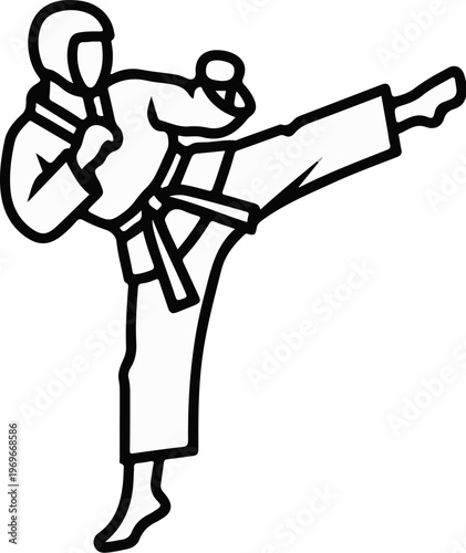 Stylized outline of martial artist executing a high front kick in uniform